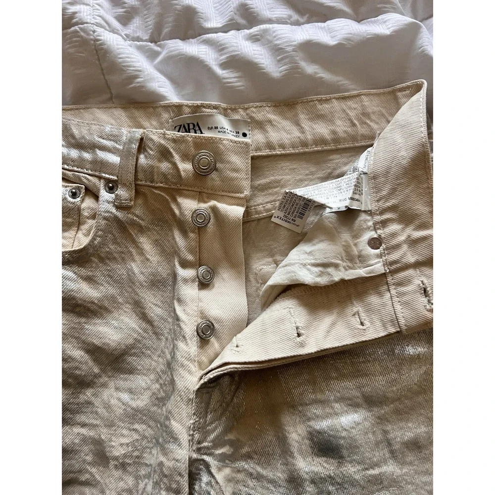 EUC Zara Silver Straight Leg Jeans Metallic Shiny High Rise Festival Party Size4